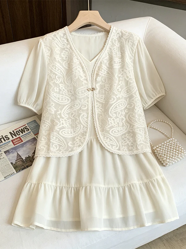

plus Size Summer Lace Splice Chiffon Shirt Slimming Effect Korean Style Breathable Skin-Friendly Daily Wear Mid-Length Blouse