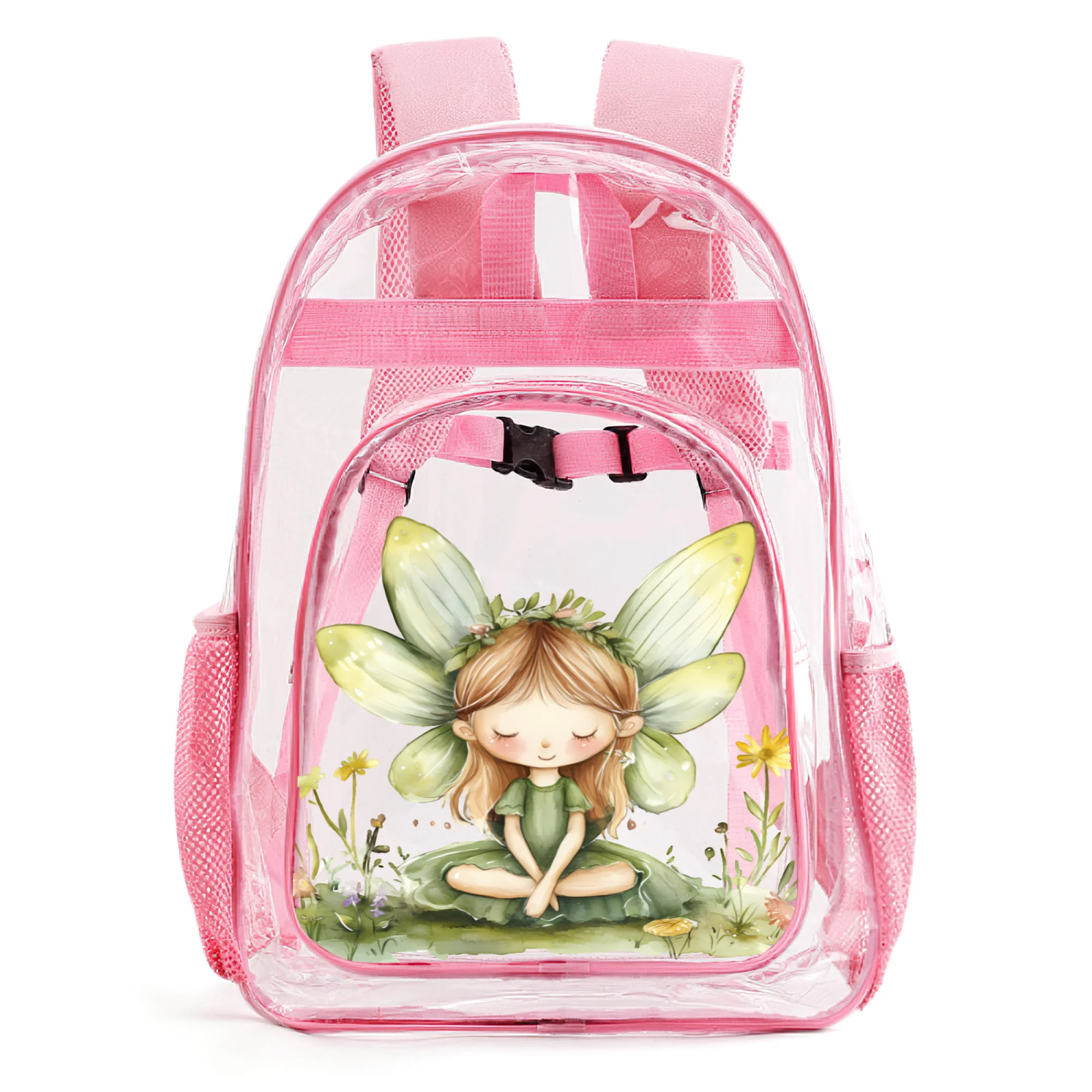 Mochila de hadas transparente de PVC para niños de 16,9 pulgadas con flores, bolso escolar rosa para actividades temáticas de niñas, uso diario, regalo de mochila