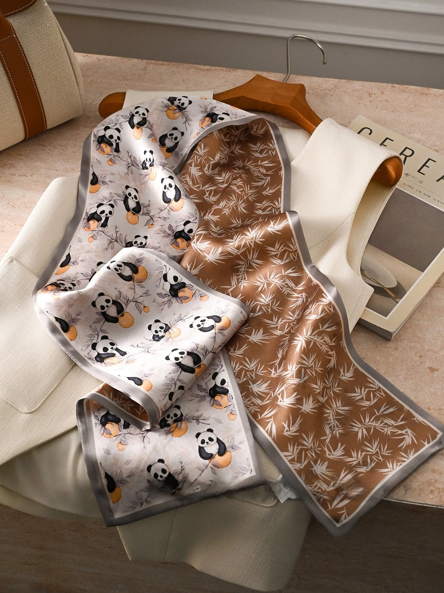 パンダ竹海シルクスカーフ女性の新しい2026ナローネクタイ高級感マッチスーツ両面マルベリーシルクスカーフ