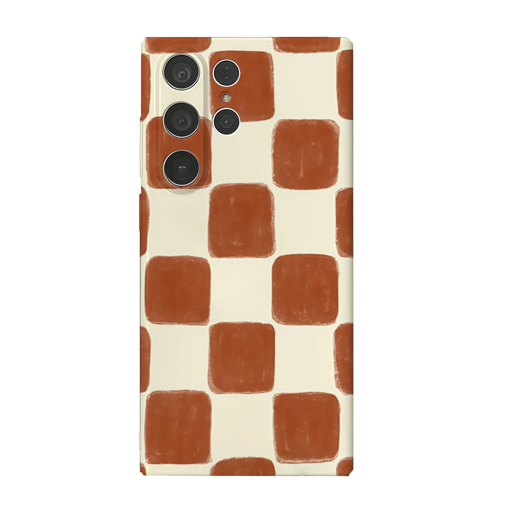 

Brown Check Minimalist Design Phone Case for Samsung Galaxy S25 S24 S23 Ultra Plus A35 A55 Glossy HD Hard Cover Film Shell