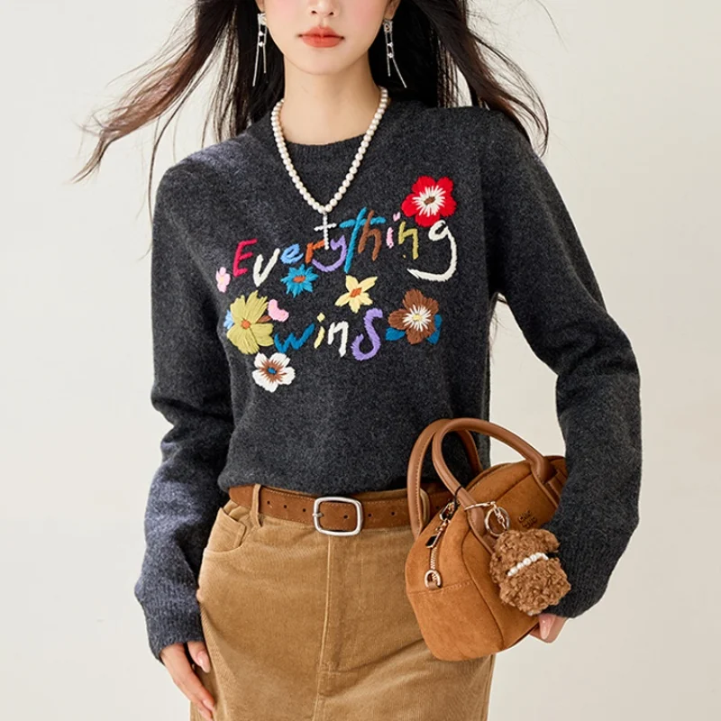 

Korean Women's Sweater Autumn Winter Fashion Flower Embroidery Jacquard Knitwear Pullover Vintage Casual Woman Clothing