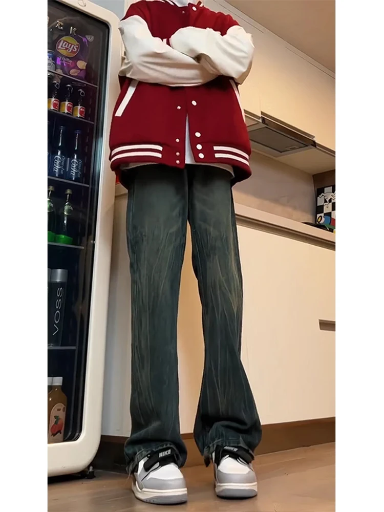 

Мужские джинсы в стиле ретро с высокой талией, прямые, длинные, молодежные, модные, из хлопка, полиэстера и регенерированного волокна