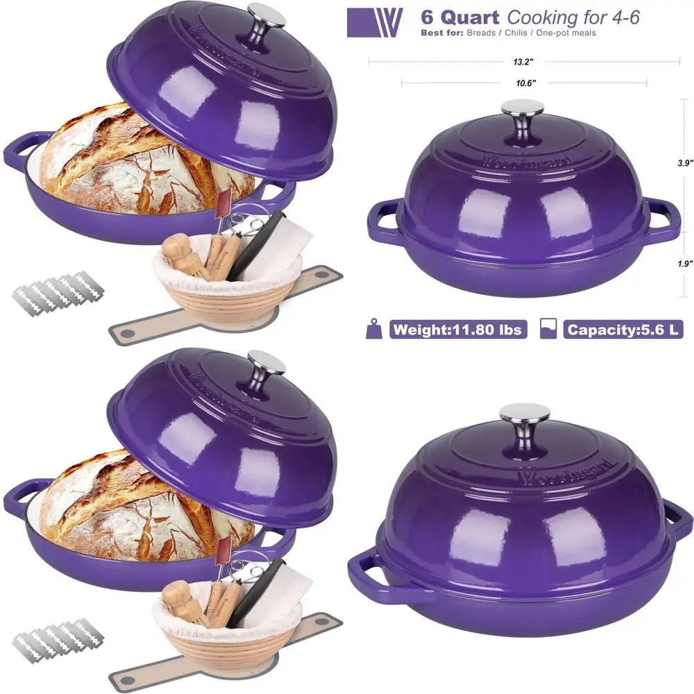 

Purple 6-Quart Enamel Cast Iron Dutch Oven with Lid, Perfect for Sourdough Bread Baking and Proofing, Includes Bread Basket & Ba