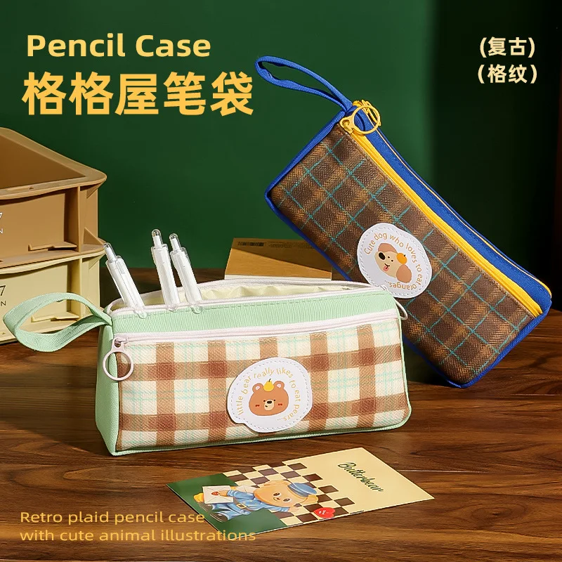Retro Plaid Ins Cute Animal Plaid House Pencil Bag  Primary and Secondary School Student Stationery Bag Pencil Pouch Cute  Case