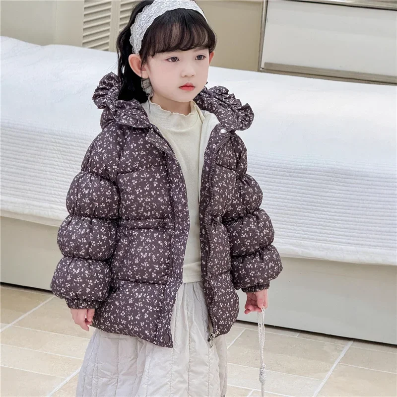 Girls Floral Down Cotton Coats Winter Kids Thick Plus Velvet Hooded Jackets Children Padded Warm Clothes Fashion Print Outerwea