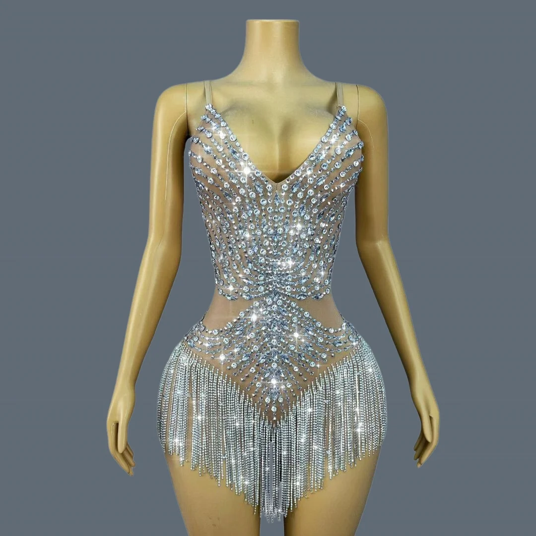 

Women Sexy Sparkly Rhinestone Tassel Mesh Bodysuit Night Club Party Singer Stage Luxury Outfit Latin Dance Show Wear Shuiliuli