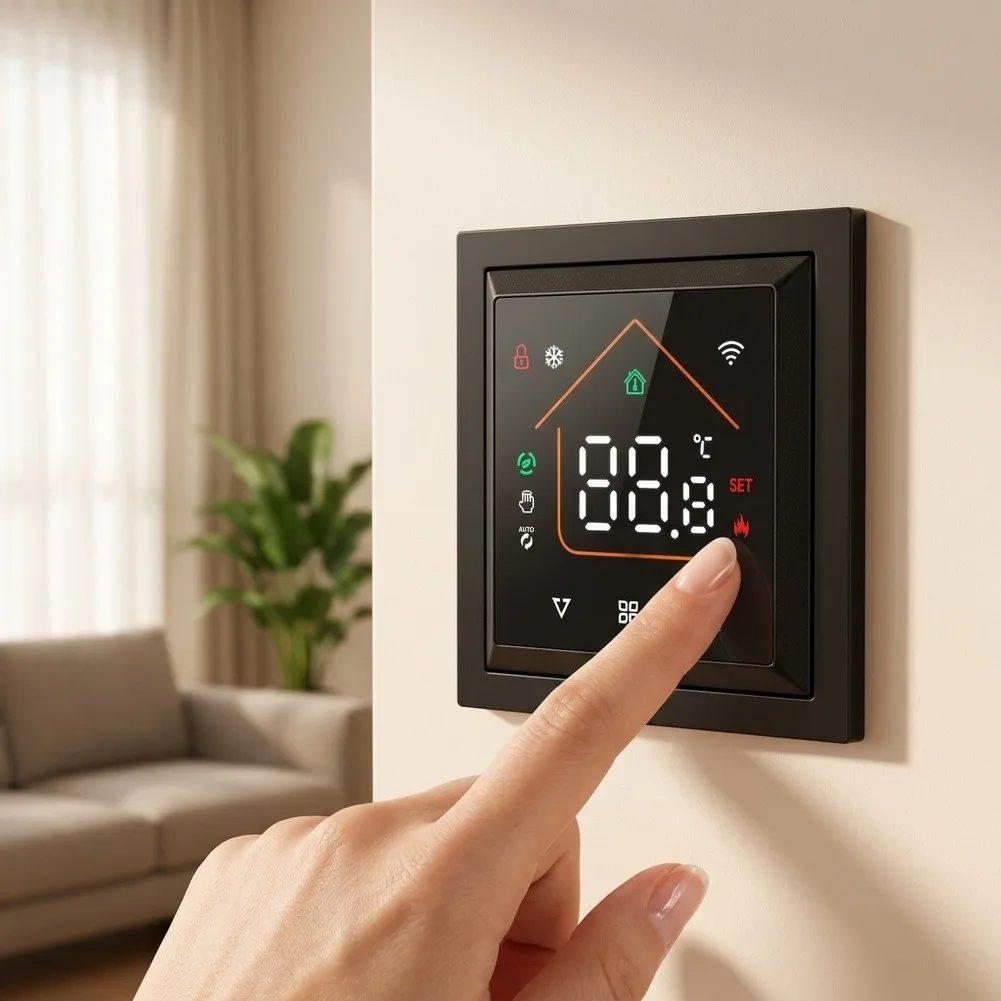 スマート暖房コントローラー用ワイヤレス温度制御。正確な室温管理を実現し、50個のバルブに対応。静電容量式タッチパネルを搭載。