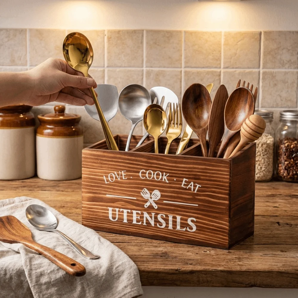 

Wooden Spoon Fork Storage Box Space Saving Decorative Utensil Storage Box Large Capacity with 3 Compartments Cutlery Organizer