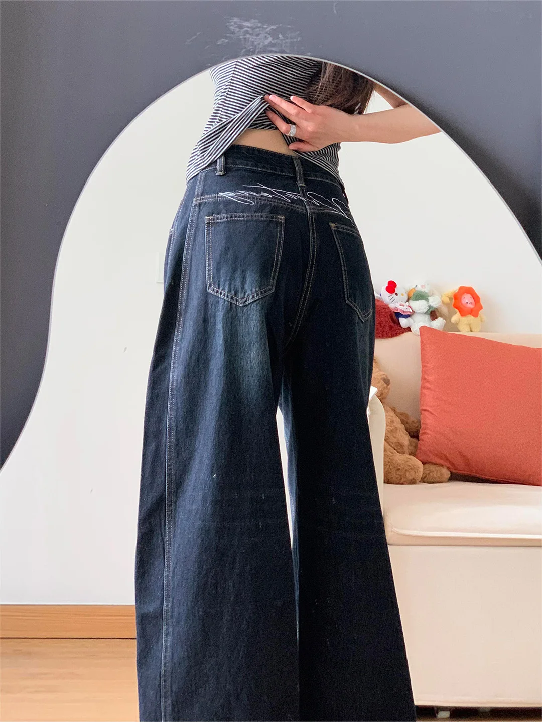 

Retro Washed Large Size Women's Jeans High Waist Wide Leg Pants Embroidered Deep Blue Casual Style Spring Summer Slimming