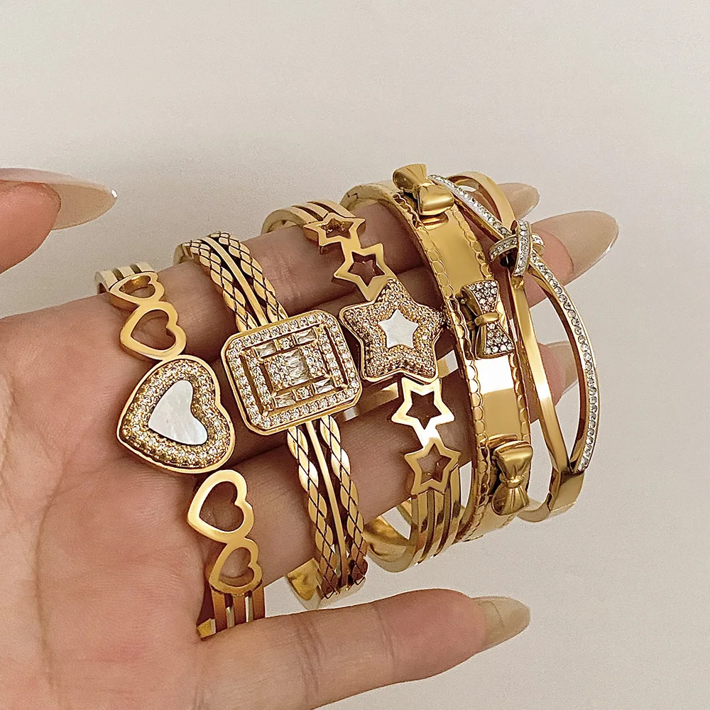 Chic Rhinestone Star Heart Bowknot Square Cuff Bracelet for Women Fashion Gold Plated Stainless Steel Bangles Jewelry Gifts