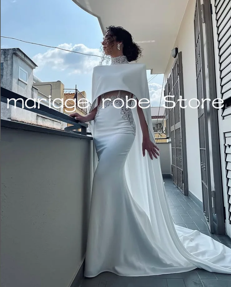 sparkly mermaid long wedding dresses with cape train crystal beaded high neck garden church bridal gown garment customsized