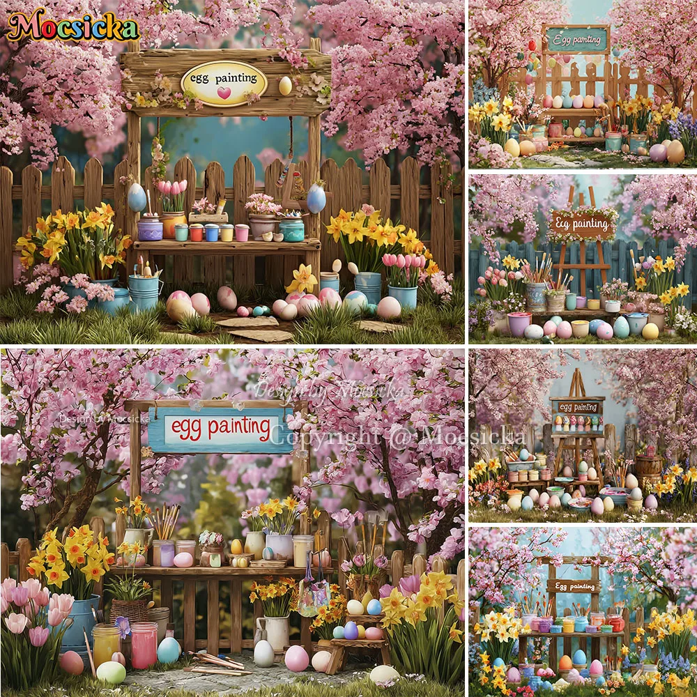 Mocsicka Easter Garden Backdrop Photography Pink Flower Egg Painting Cart Fence Background Spring Baby Birthday Photo Studio