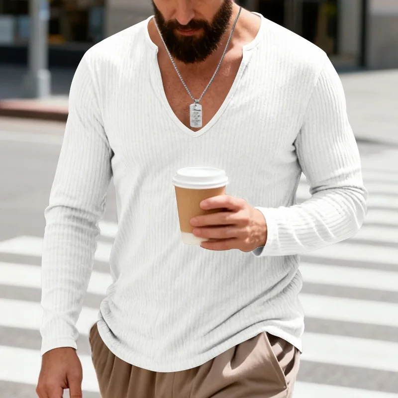Cross-border spring and autumn loose elastic tough guy men's casual trend big V-neck design long-sleeved T-shirt