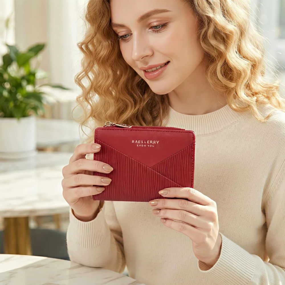 1pc-Baellerry Women's Short 80% off Wallet, Water Ripple Texture PU Leather Wallet, Multiple Card Slots with Transparent ID Window + Zippered Coin Pocket