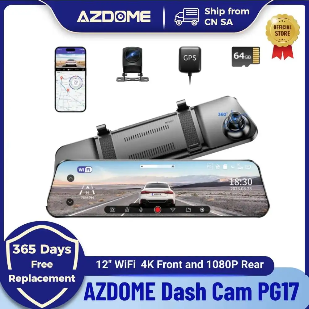 AZDOME 차량용 와이파이 미러 대시 캠, 12 인치, 4K 전면 및 1080P 백미러 카메라, 듀얼 카메라, 방수 백업 카메라, PG17 