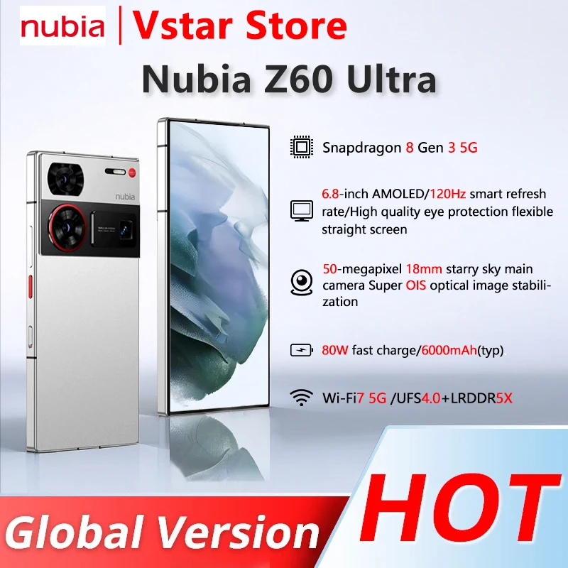 

Смартфон Nubia Z60 Ultra Q9 + полный экран 5g, 64 мп, Snapdragon 8Gen 3, 6000 мАч, 80 Вт, аккумулятор быстрой зарядки IP68