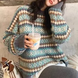 Sweter damski w paski patchworkowa dzianina jesień i zima nowy Vintage styl młodzieżowy okrągły dekolt z długim rękawem luźny luźny sweter