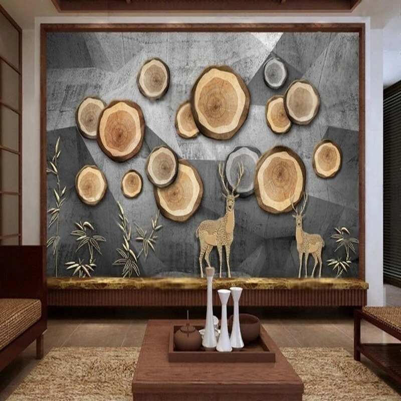 Chinese-style grand wood grain golden milu deer bamboo grey TV luxurious home decoration bedroom background wall