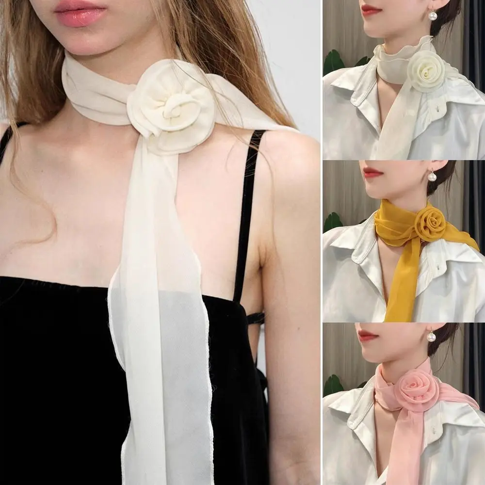 Fashion Luxury Chiffon Scarf Trendy Elegant Detachable Rose Decor Neck Scarf Versatile Neck Scarves For Women Girls Gifts