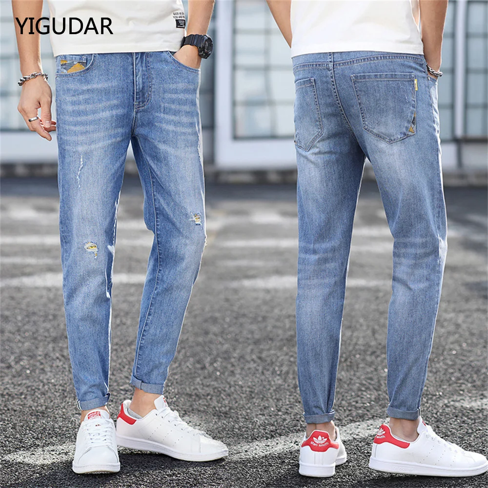 

Men Jeans Ankle-length Holes Straight Washed Leisure Denim Trousers Teens Chic Streetwear Mens All-match Vintage New pants men