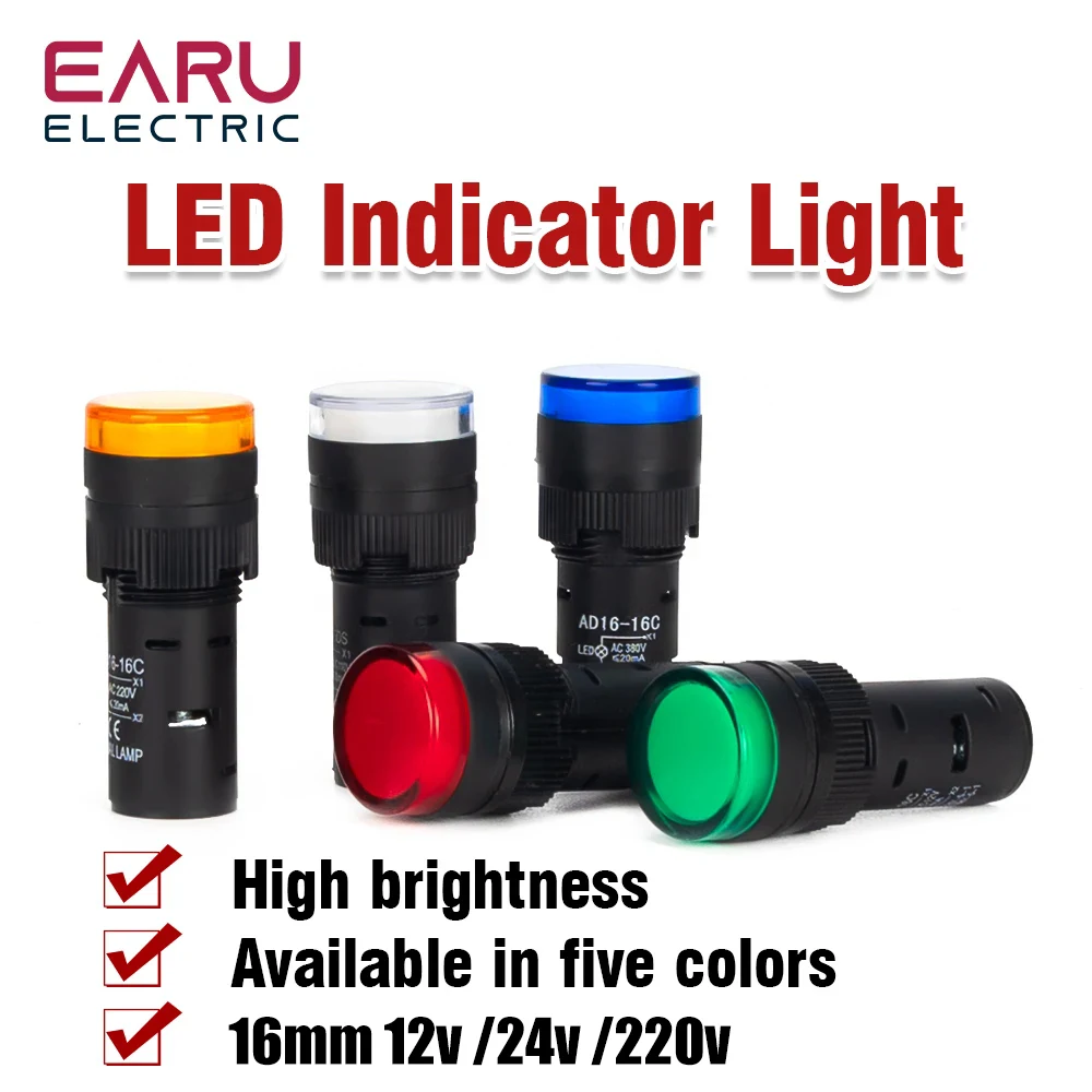

1pcs 16mm Panel Mount Signal Power Led Indicator Light Blue Green Red White Yellow Pilot Lamp AC DC 12V 24V 220V AD16-16C