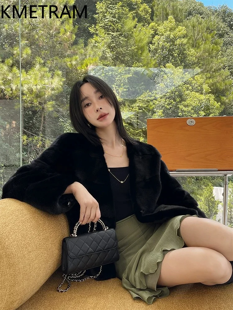 KMETRAM Natural Velvet Mink Fur Coat Woman Luxury V-Neck Fur Jacket Premium Winter Short Coats Women Clothes 58cm 2026 jaqueta
