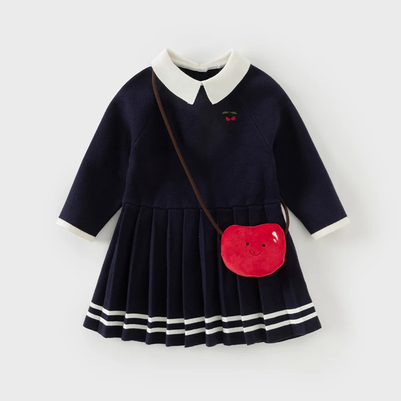 Dave Bella Kid Girls Dress Navy Blue Polo Dress Sweet College Style Autumn New Long Sleeve Students Children Dresses DB3242216