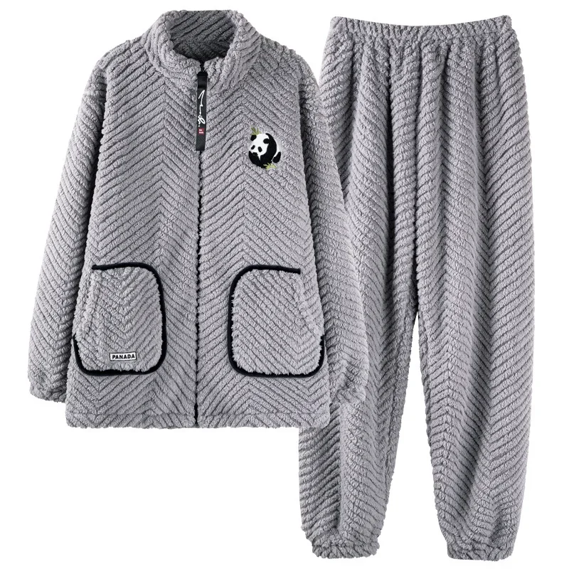 Panda Cute Coral Fleece Pajama Set for Couples Winter Warm Zipper Home Clothes Women and Men Matching Pijamas pyjama homme hiver