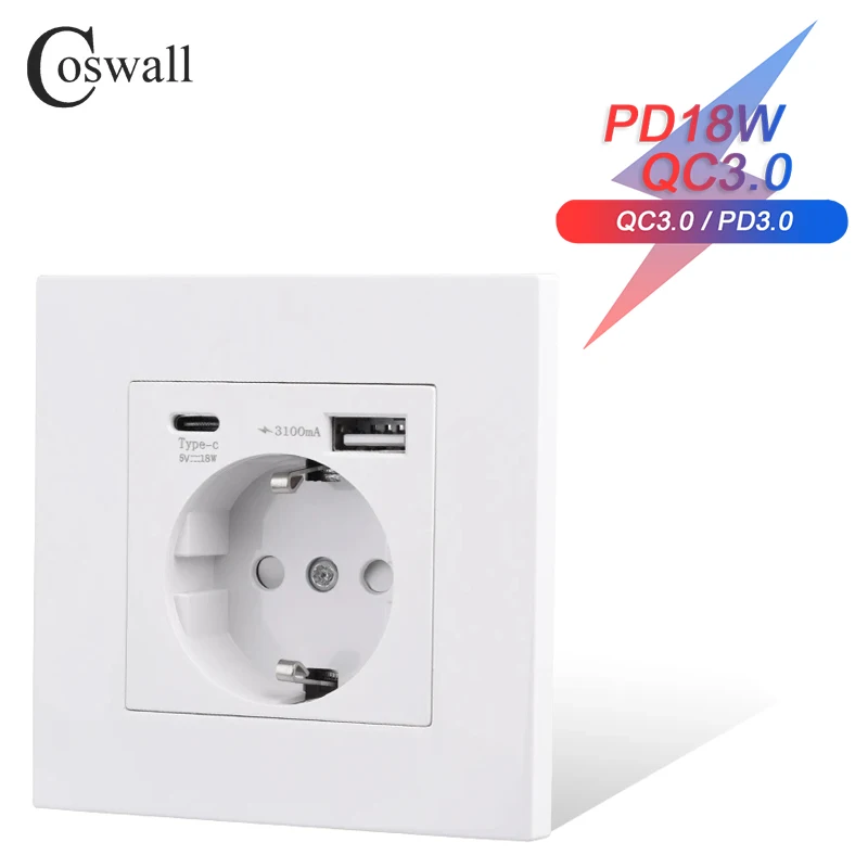 COSWALL Plastic Panel White EU / Spain / Russia Wall Power Socket Grounded With 18W Type-A & C Dual USB DC 5V 3A Fast Charger