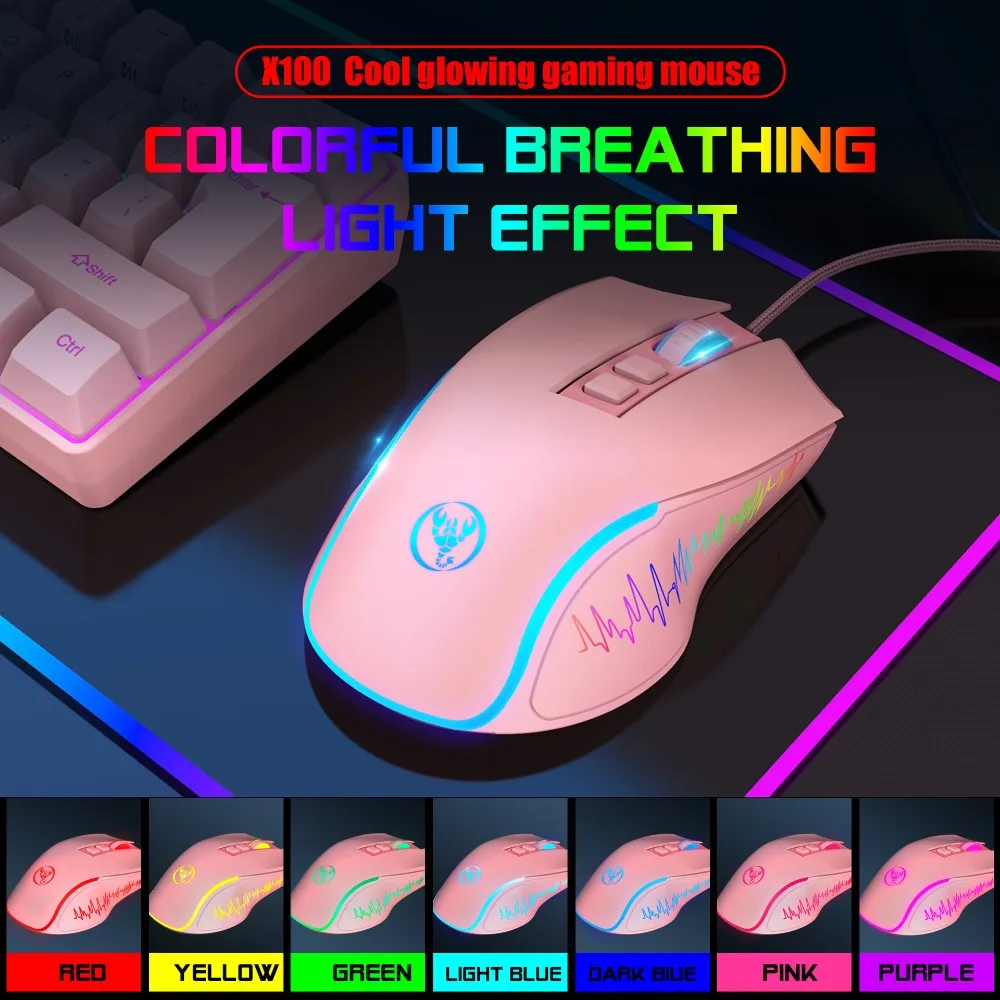 RGB Wired Gaming Mouse Pink 7 Buttons 3600 DPI 4 Gear Adjustable 7-color Backlight Ergonomic Mouse for Women Office PC Laptop