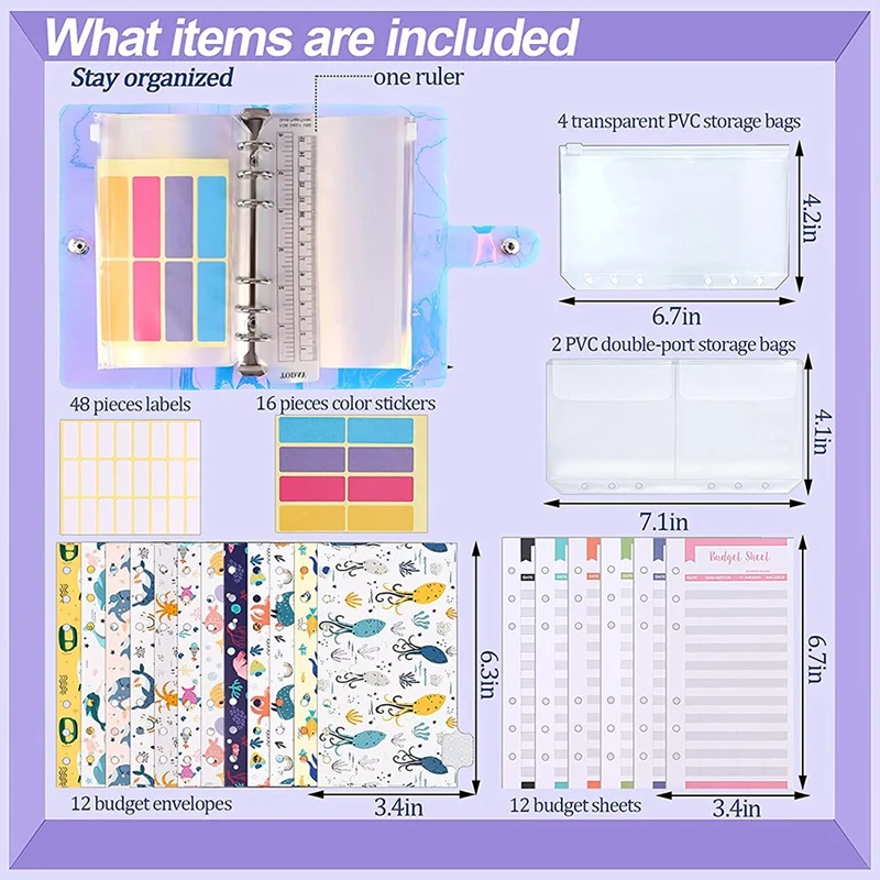 A6 PVC Binder Cover,Budget Envelope, Storage Card Bags,Blank Stickers For 6-Ring Cash Envelopes,Daily Money Planner