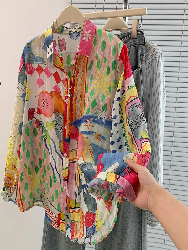 

Fiti Print Long Sve irt женский весенне-осенний повседневный свободный топ с классическим воротником дышащий удобный модный