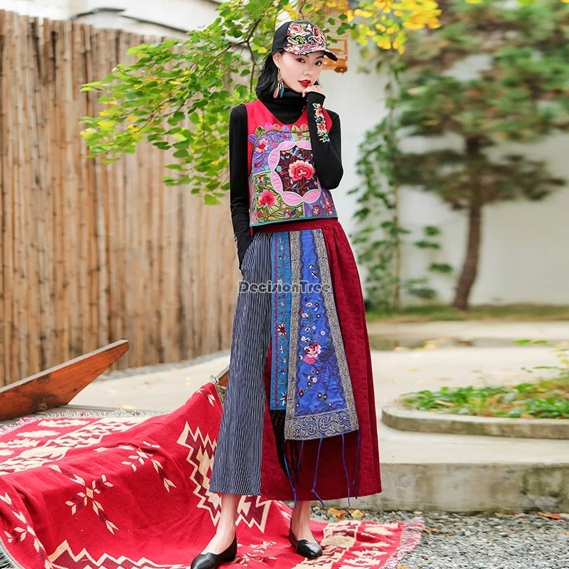 2025 النمط الصيني العرقي القطن والكتان شرابة المرقعة تصميم الرجعية التطريز hanfu تنورة مرونة الخصر تنورة سوينغ كبيرة