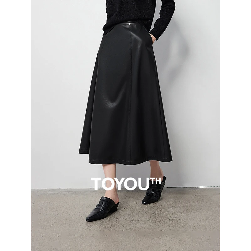 

TOYOUTH Female PU leather Skirt 2024 Autumn New High Elastic Waisted A Line Mid Length Skirt