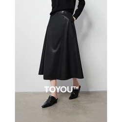 TOYOUTH Female PU leather Skirt 2024 Autumn New High Elastic Waisted A Line Mid Length Skirt