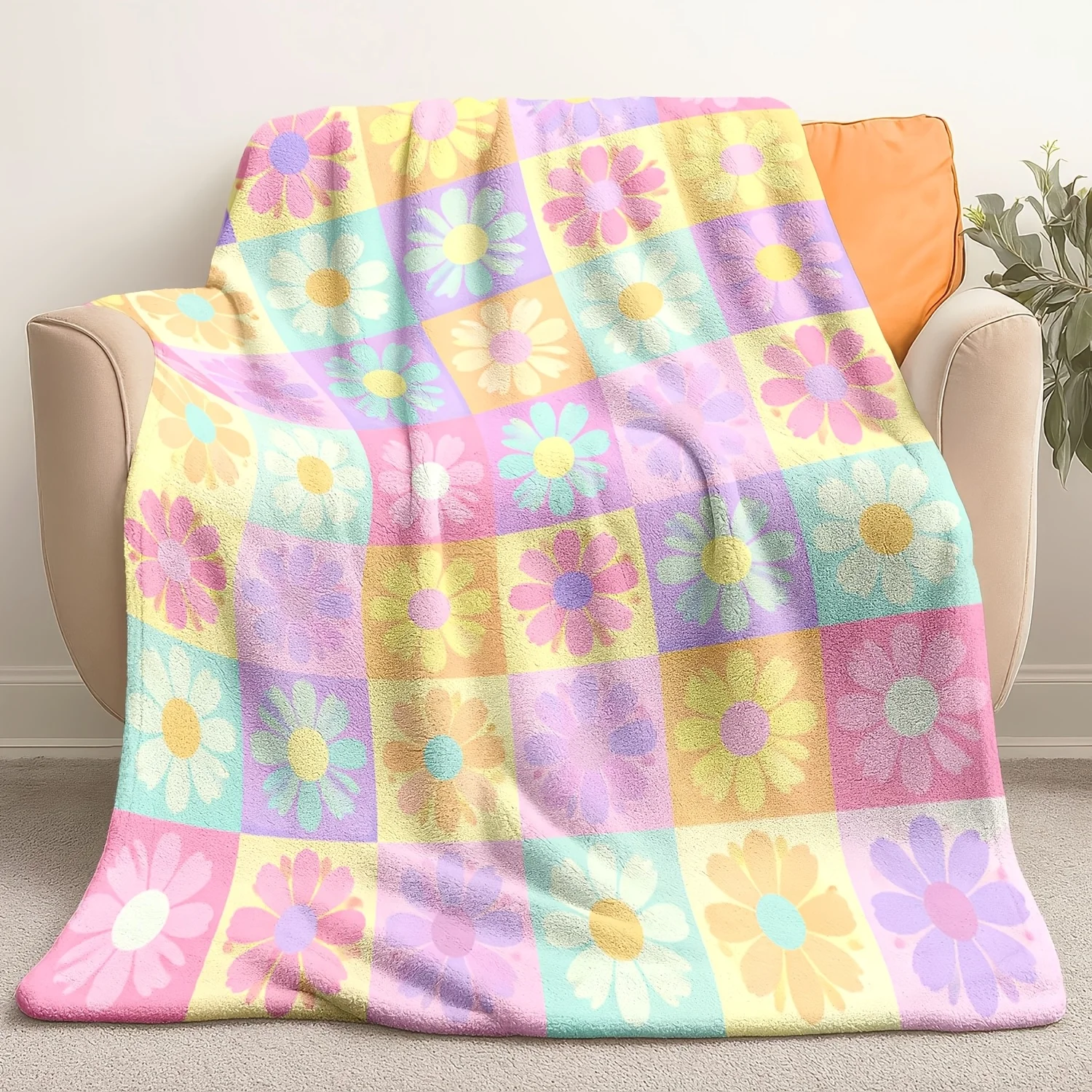 Macaron-Colored Daisy Flannel Throw Blanket, Girly Checkered Printed Nap Blanket, Soft Skin-Friendly Office Shawl Blanket, Home