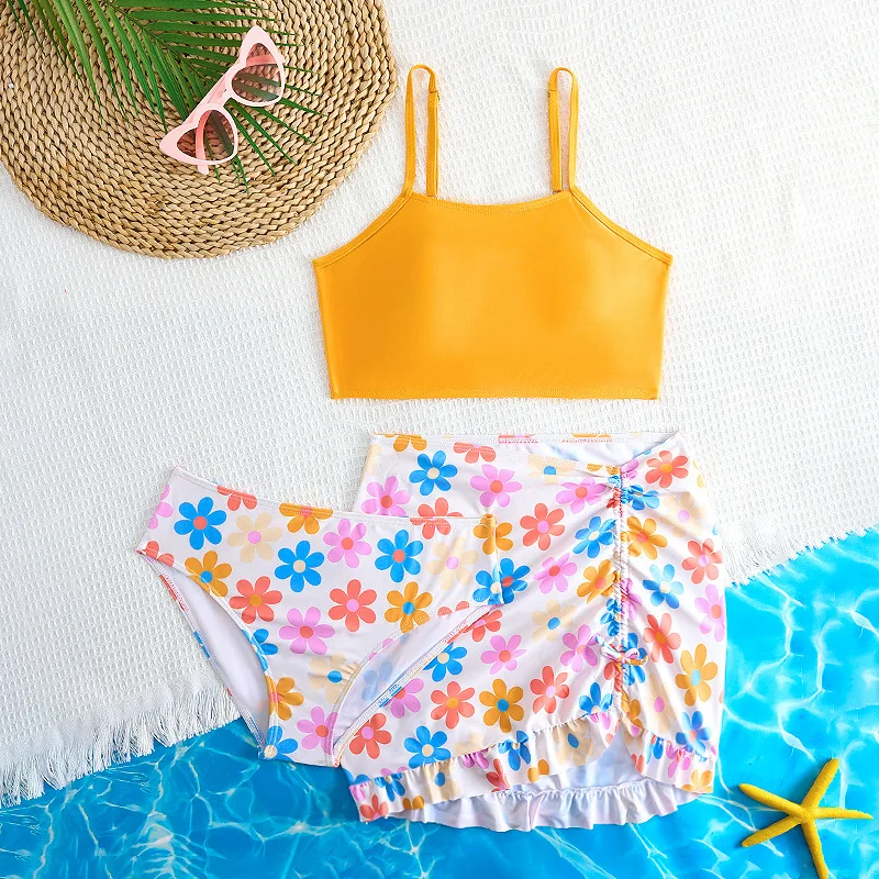 

3 Pieces Floral Bikini 2026 Girls Swimsuit High Waist Kids Swimwear & Beach Skirt Pink Children Swimming Bathing Swim Suit