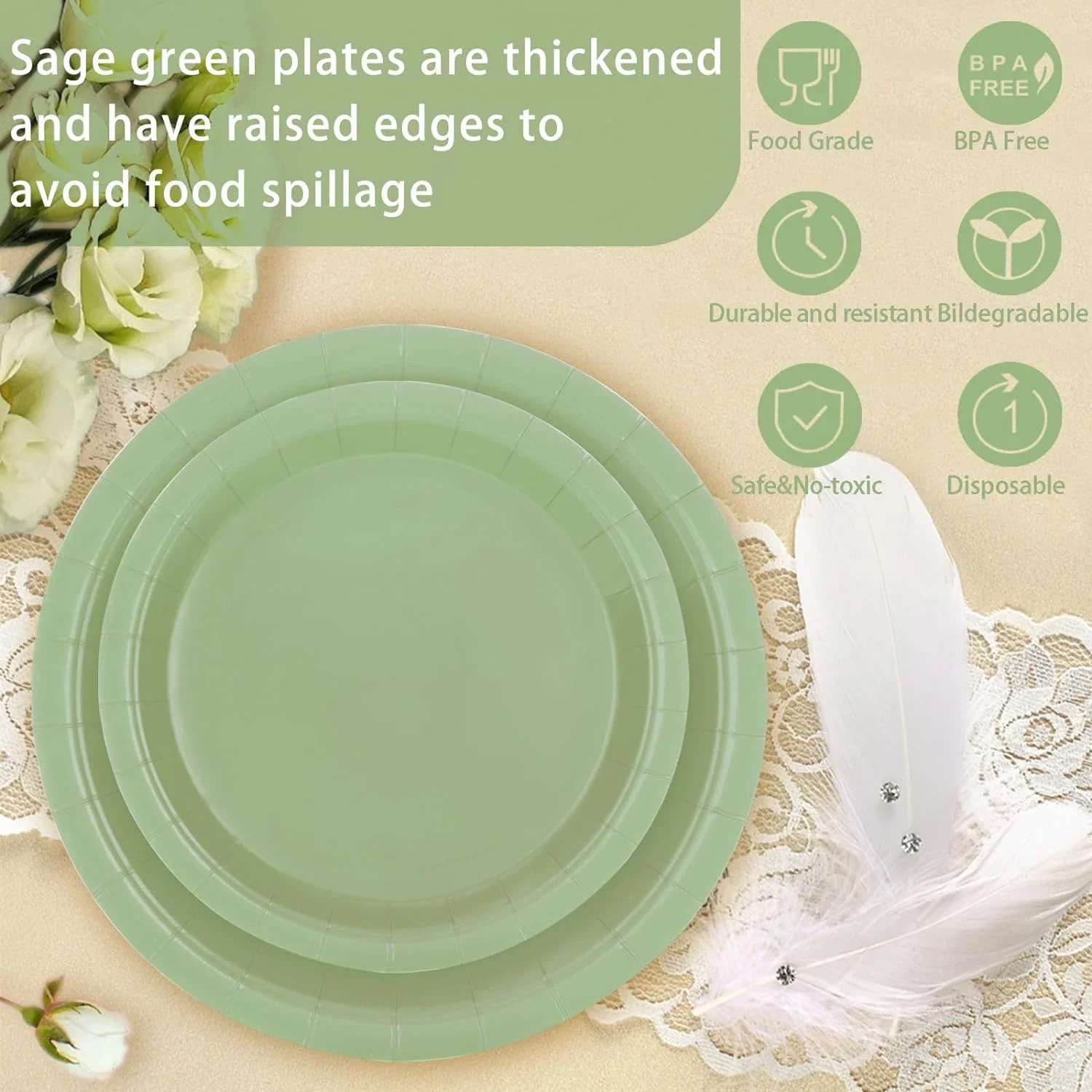 Sage Green Disposable Tableware for 50 Guests Sage Green Party Tableware Supplies Paper Plate for Bridal Shower Wedding Birthday