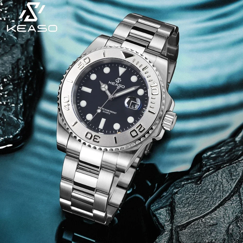 KEASO Neue Herren-Taucheruhr mit MIYOTA 2115 Quarzwerk, 200M Wasserdicht, Saphir-Keramik-Lünette, BGW-9 Leuchtzeiger, 316L Stahlgehäuse