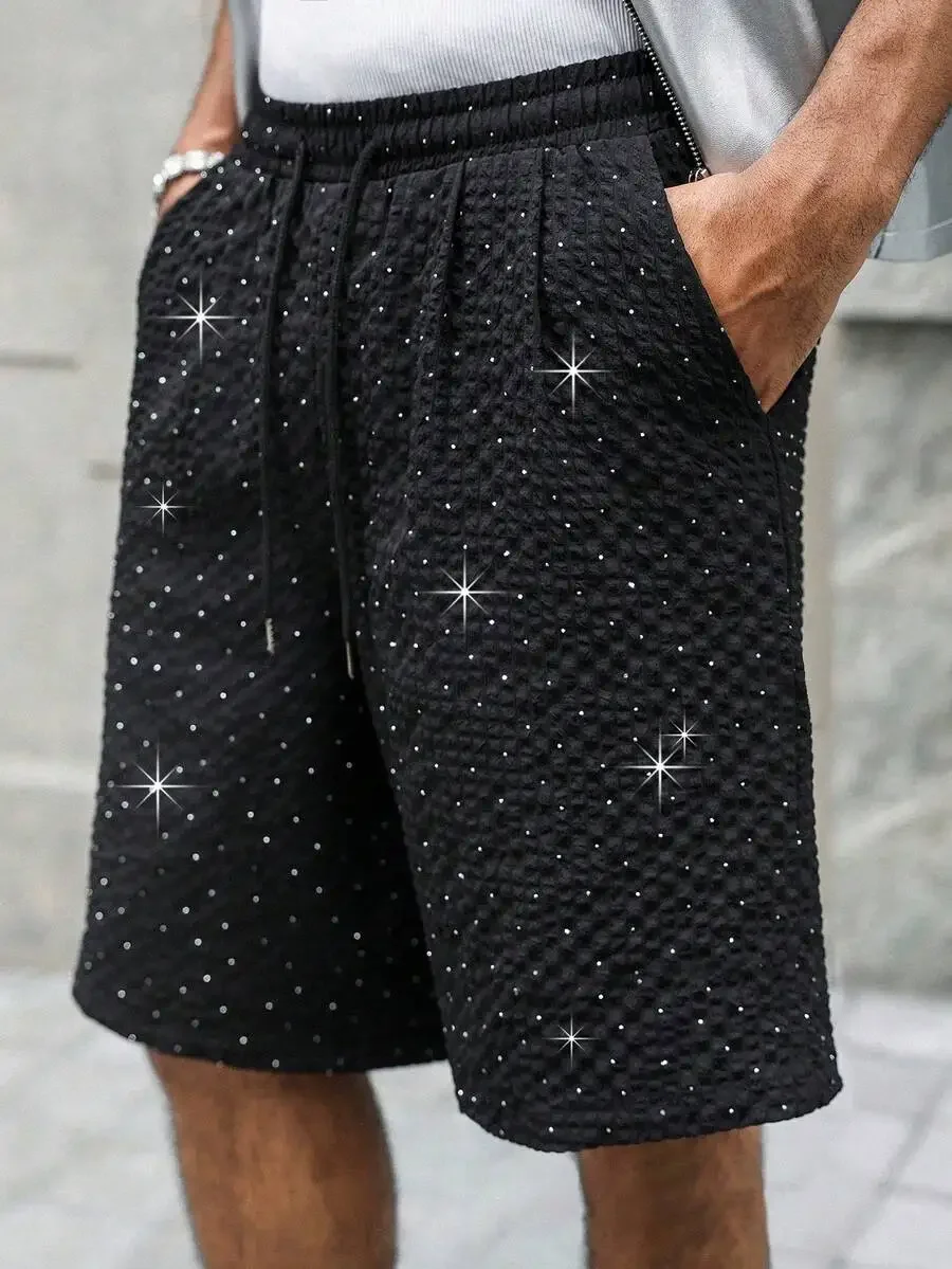 Manfinity EMRG Men's Checkered Elastic Waist Drawstring Loose Casual Shorts,Black And White Summer Streetwear Gym Plaid Skater