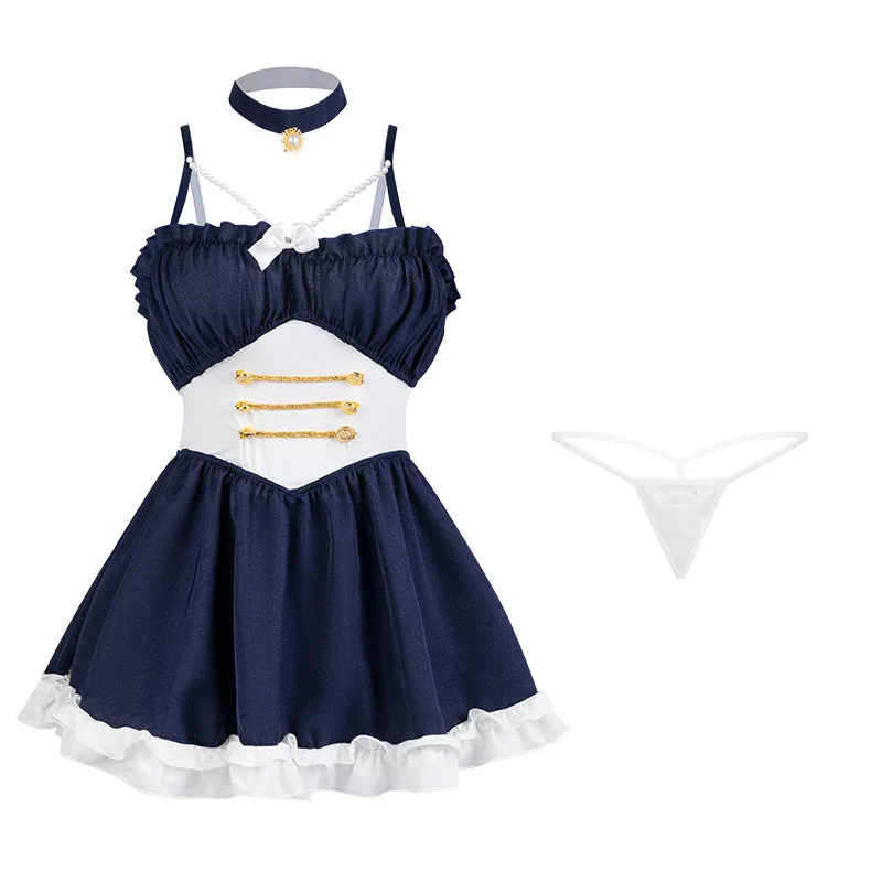 Сексуальное женское белье в стиле пэчворк, плиссированное платье на подтяжках, пышная юбка принцессы, эротический студенческий наряд горничной для ролевых игр, жемчужные костюмы, синий, новый