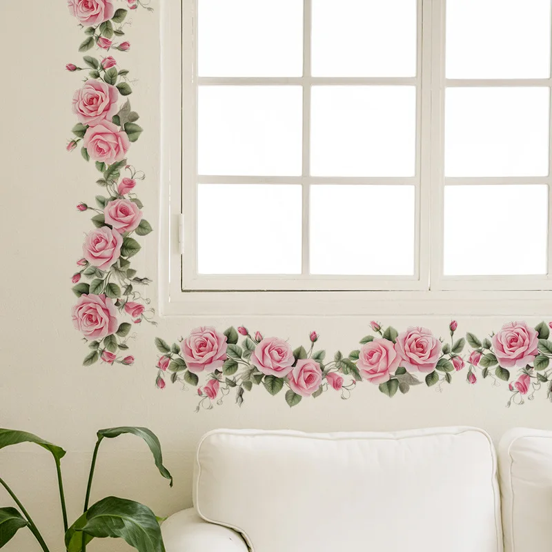 Pink Rose Vine Wall Stickers, Removable Floral Border Decals, Peel and Stick Decor for Bedroom Living Room Home Decor