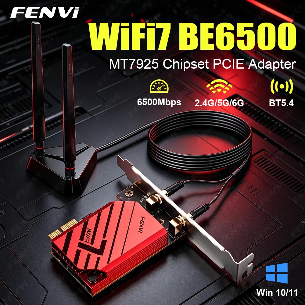 FENVI MT7925 BE6500 WiFi 7 PCIE Adapter BT 5.4 Tri Band 2.4G/5Ghz/6Ghz 802.11BE 6500Mbps Wireless Network Card For AMD Win 10/11