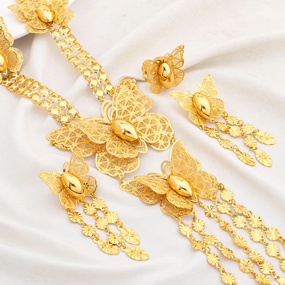 Butterfly tassels 3pcs Jewelry Set Middle East Gold-Plated Necklace Earrings Ring Dubai Nigerian Bride's Wedding Wear Accessory