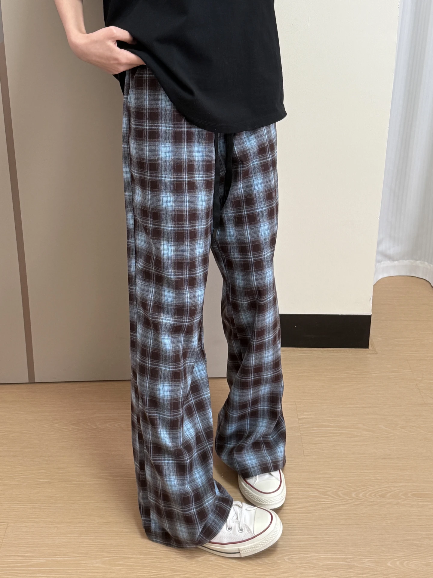 

Мужские свободные брюки Cleanfit светло-голубого цвета в клетку, осенние, модные, с высокой талией, из полиэфирного волокна, повседневные, прямого кроя