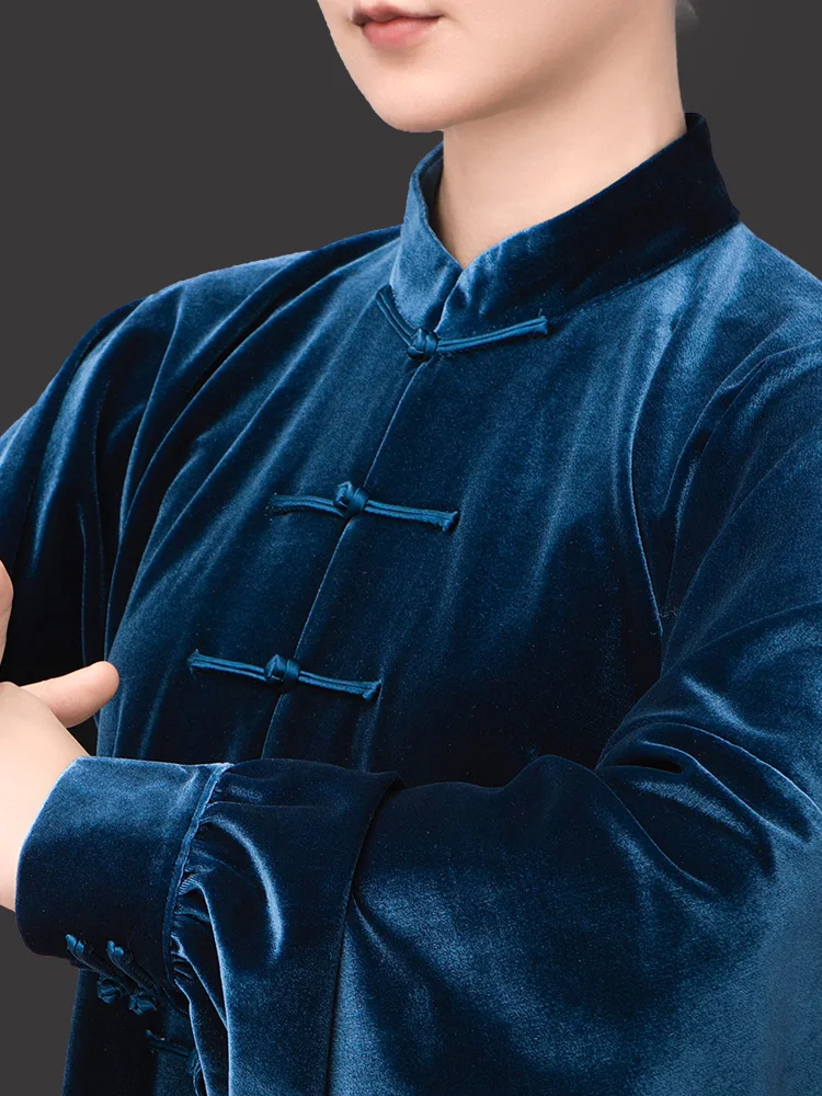 小河山太極拳ユニフォーム肥厚ゴールドベルベット武道服メンズ太極拳練習スーツ秋冬新着