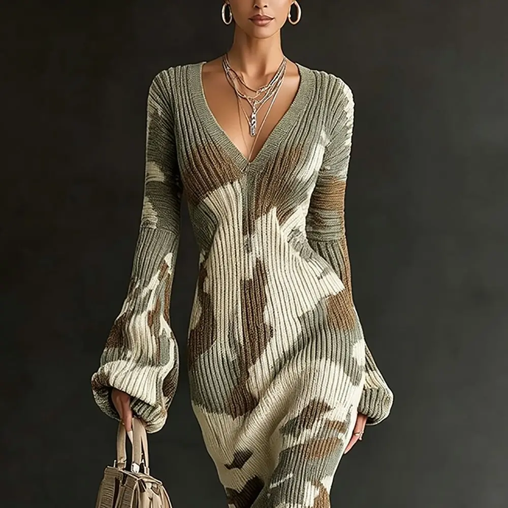Damen Vintage Camouflage-Strickkleid Elegant V-Ausschnitt Hohe Taille Ausgestellte Ärmel Slim Fit Quastenbesatz Schickes Kleid