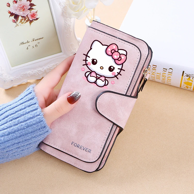 New Hello Kitty Wallet  Women Anime Cartoon Fashion Multi-Card Slot Purse  Buckle Nubuck Material Two-color Fabric Wallets Gift