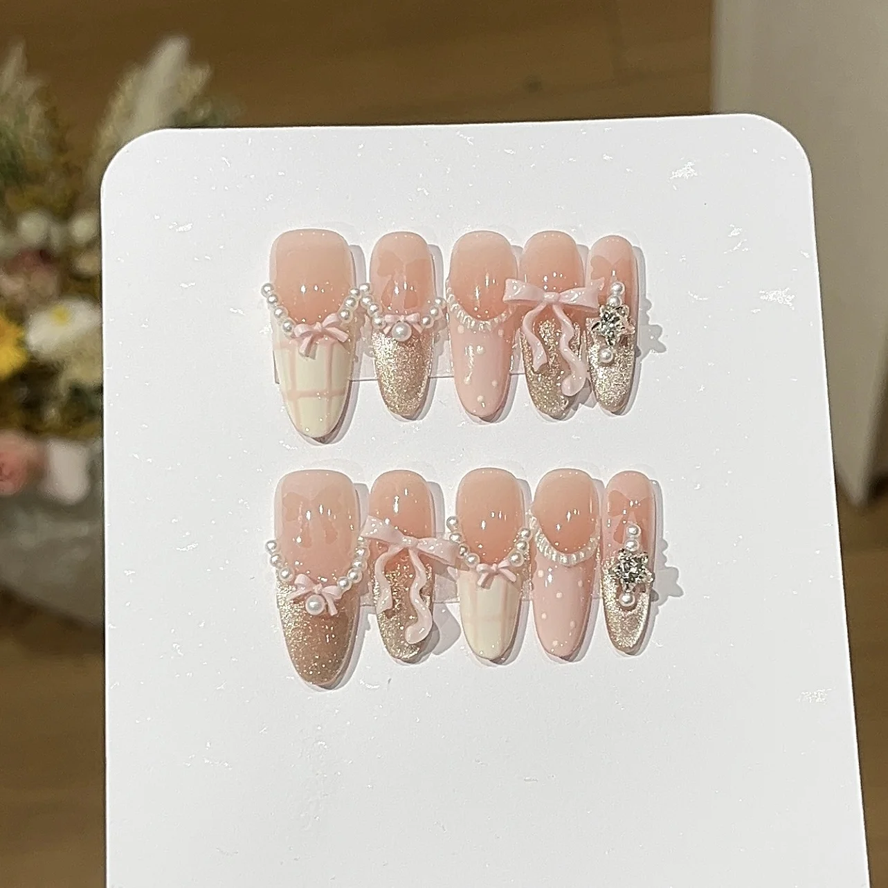 

10Pcs Kawaii Japanese Fake Nails Round Head Press On Nails Handmade French False Nail Tips With Pink Bowknots Pearl Sweet Girls