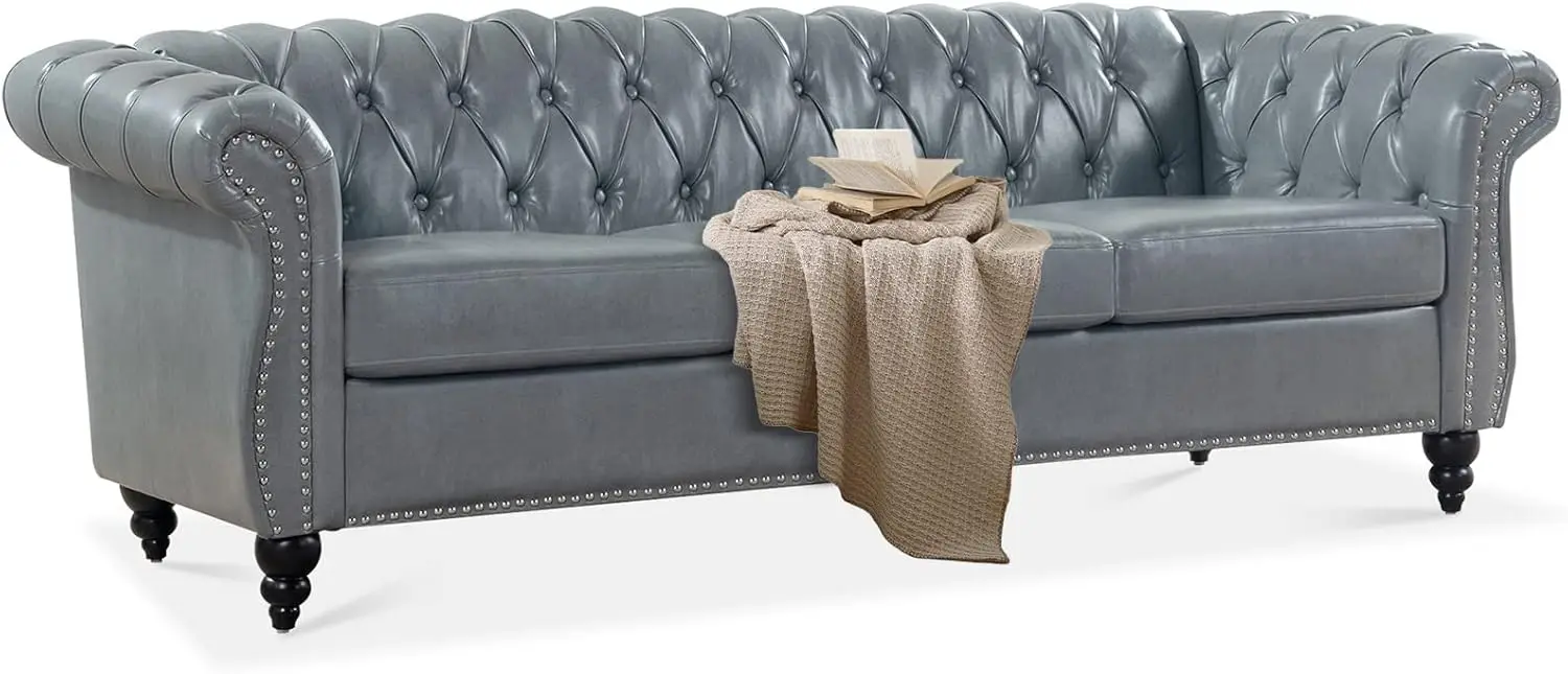 

84" Leather Sofa, Rolled Arm 3-Seater Large Couch Deep Button Nailhead Tufted Upholstered Couches for Bedroom, Office Apartment